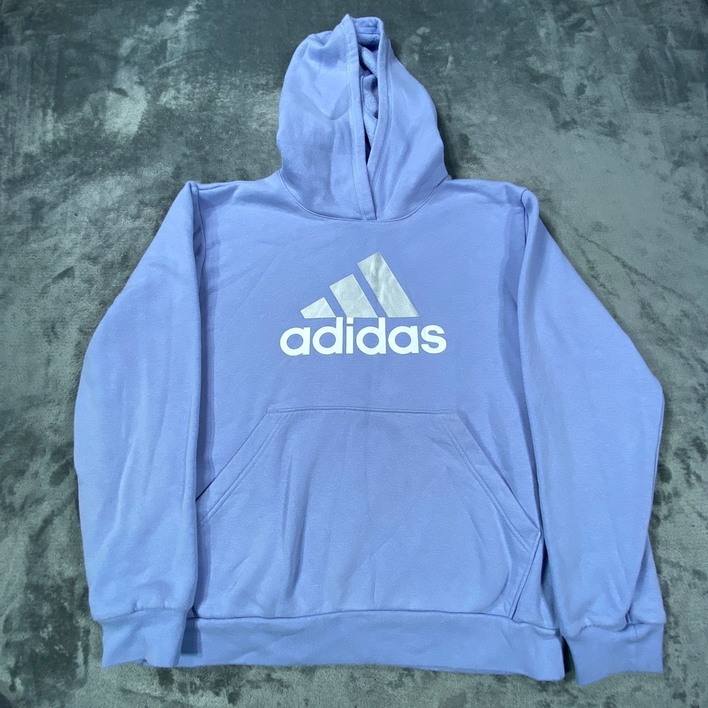 Adidas Hoodie Large Blue Logo Pullover Athletic Fleece Sweatshirt Activewear Top